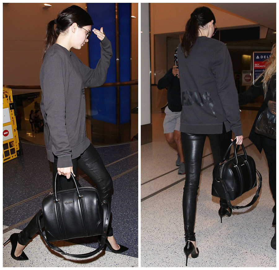 Kendal Jenner: черные кожаные леггинсы и туфли на шпильках