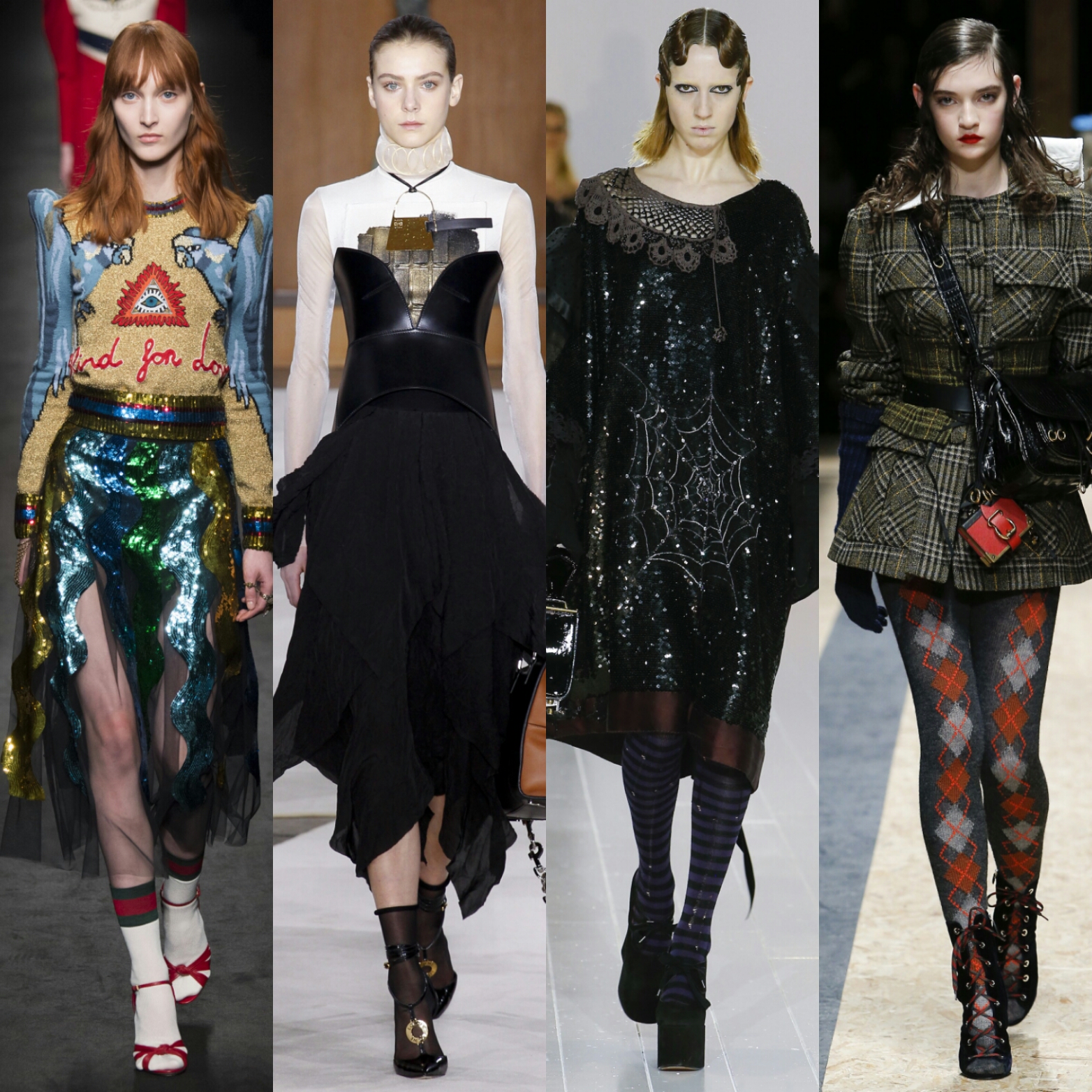 Мода Осень-Зима 2016-2017. Слева направо: Loewe, Gucci, Marc Jacobs, Prada.