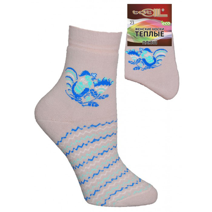 Тёплые плюшевые женские носки со стилизованным изображением курочек и зигзагообразным рисунком