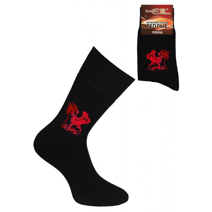 Тёплые плюшевые мужские носки. На паголенке - изображение символа года, Красного Огненного Петуха