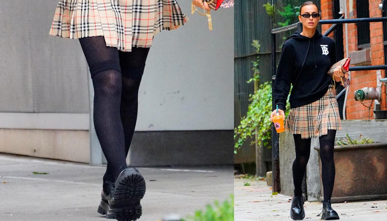 Ирина Шейк надела юбку-килт, которая должна стать модным хитом зимы 2021, но в сети лишь спорят о «странных колготках»